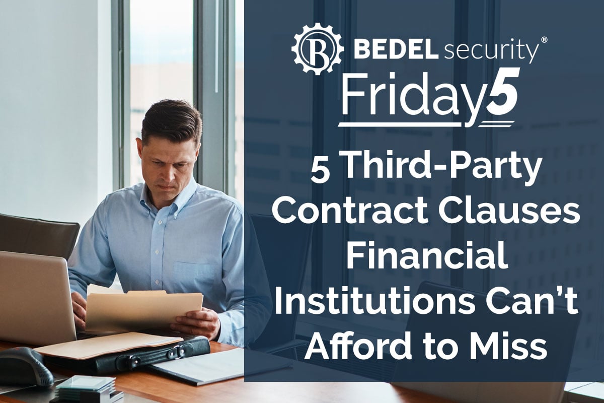 Graphic highlighting essential contract clauses for managing third-party cybersecurity risk for community banks.