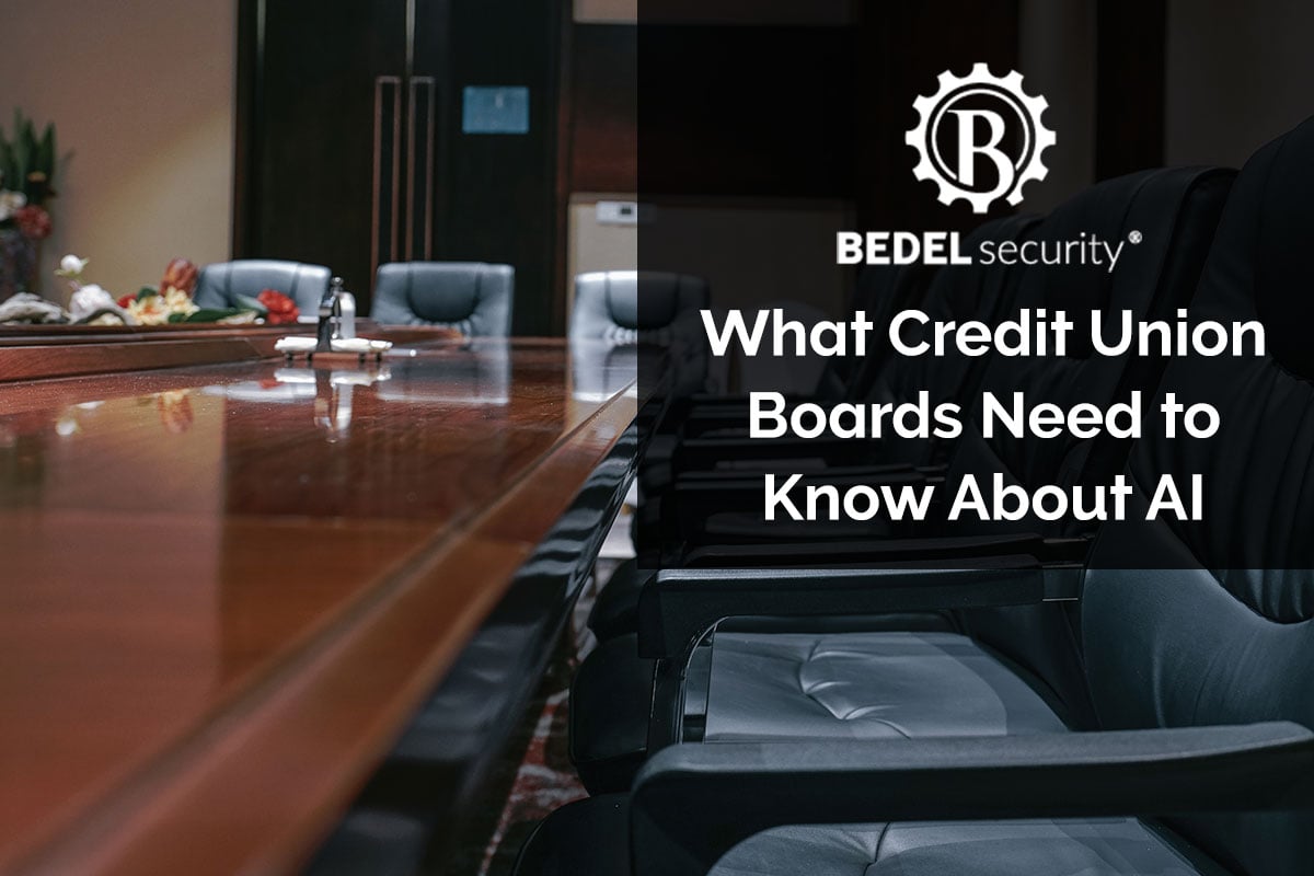 Bedel Security graphic about what credit union boards need to know about AI, featuring an empty boardroom with a conference table and chairs.