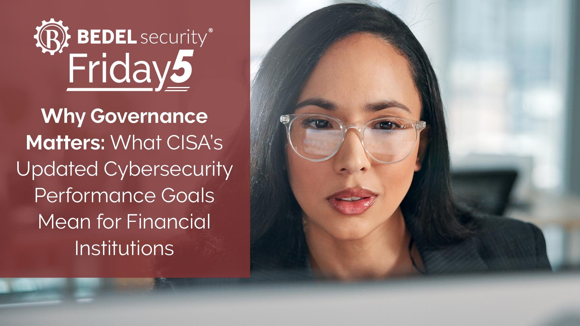 Woman with glasses reading off computer screen with the title, 